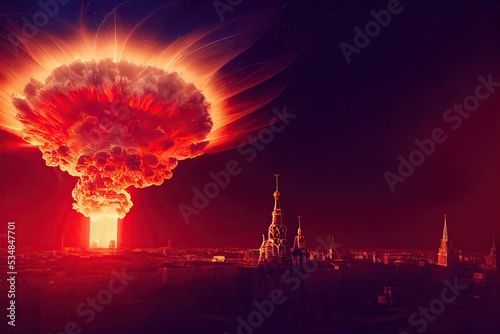 Drone view of a nuclear explosion occurring in Moscow city of Russia during an apocalyptic war or meteor impact with a fire mushroom cloud. 3D illustration.