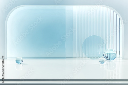 White arch and light blue clear glass backdrop with crystal ball. stage podium clean cool bright. glow light bright product display stand. pedestal for beauty cosmetic or skin care. 3D Illustration.