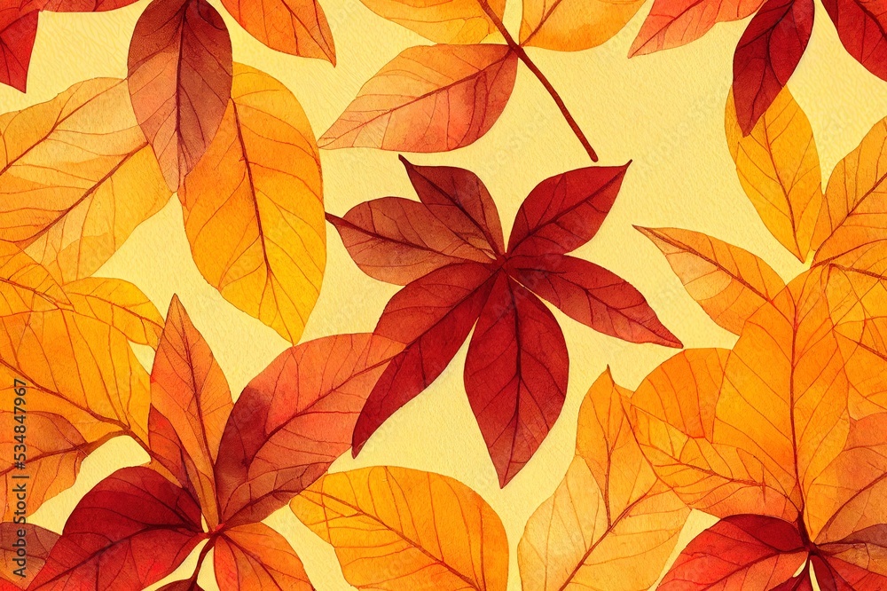 Golden grange leaves background. Watercolor floral seamless pattern for fabric, wallpaper, wrap.
