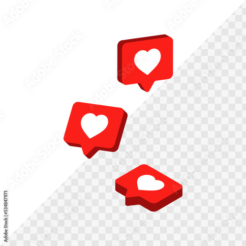 3d heart in speech bubble icon, love like heart bubbles background, social media notification icons, post reactions for social network, favorite hearts, 3d rendering, 3d illustration