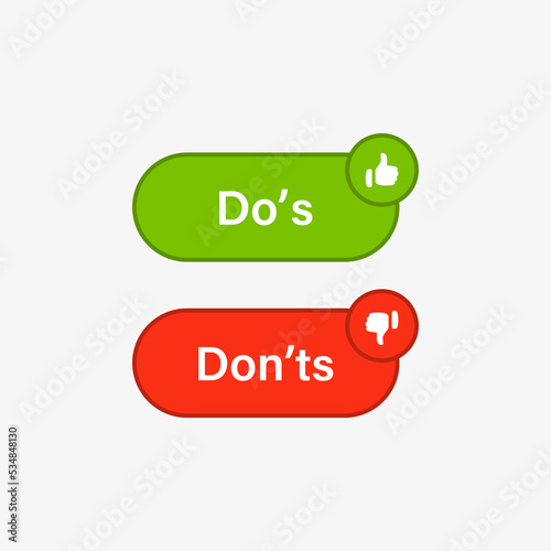 Dos and donts icons in circle frame - thumbs up or thumb down icons. Like or dislike icon button - do's and don'ts frames - true or false - Dos and dont label banner