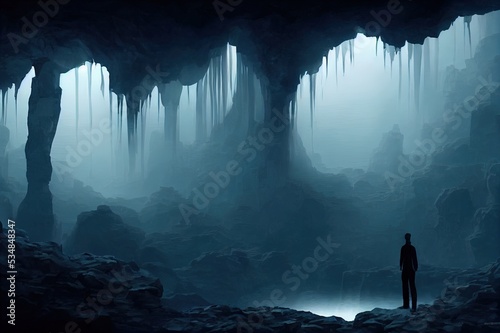 man exploring dark fantasy cave 3d illustration © 2rogan