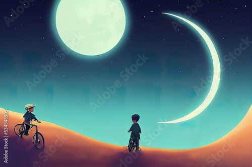 night adventure of a little rider, the boy on bicycle looking at the crescent moon in the beautiful sky, digital art style, illustration painting