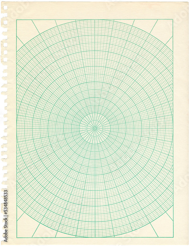 An old sheet of polar graph paper.. Shows wear on edges and discoloration.