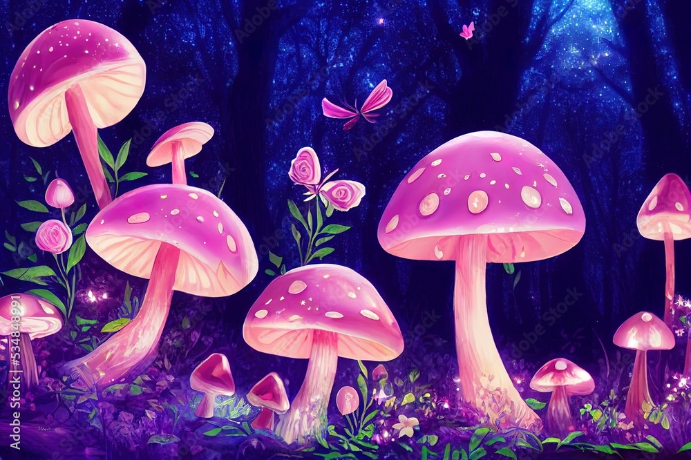 Magical fantasy mushrooms in enchanted fairy tale dreamy elf forest ...