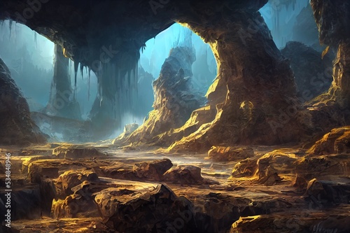 Mystery Cave with Sci Fi Building. Video Game's Digital CG Artwork, Concept Illustration, Realistic Cartoon Style Background