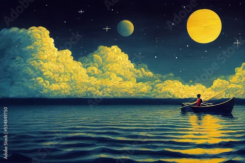 little boy rowing a boat in the sea and looking at the sailing ship floating in starry sky, digitl art style, illustration painting photo