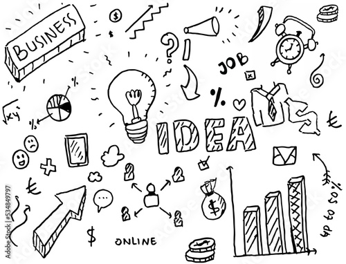 business idea doodle art  hand drawn vector simple.  white background, with icons and element component of business idea, percentage, statistic