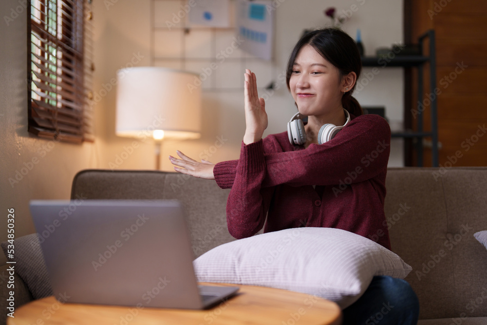 Young asian woman sitting on couch looking at laptop in cozy living room at home. Lifestyle concept Young asian woman sitting on couch looking at laptop in cozy living room at home. Lifestyle concept