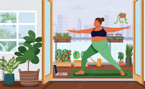 A chubby woman doing yoga online on apartment balcony decorated with green plants. Vector Illustration
