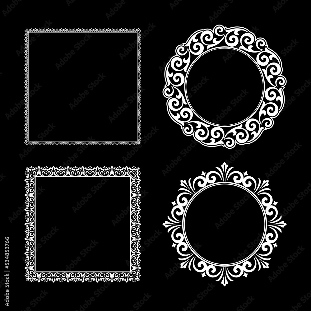 Set of decorative frames Elegant vector element for design in Eastern style, place for text. Floral black and white borders. Lace illustration for invitations and greeting cards. Set of decorative frames Elegant vector element for design in Eastern style, place for text. Floral black and white borders. Lace illustration for invitations and greeting cards.