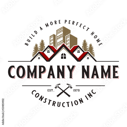 vintage real estate badge vector logo illustration of house and building roof design, for home building and repair business