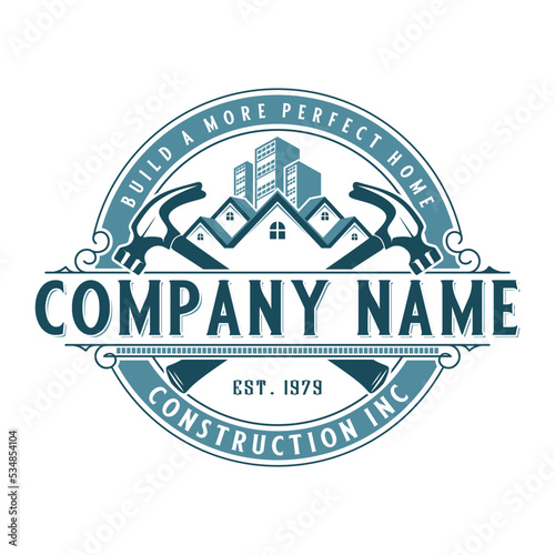 construction logo design. classic house roof and hammer concept with emblem style, for building and construction companies.