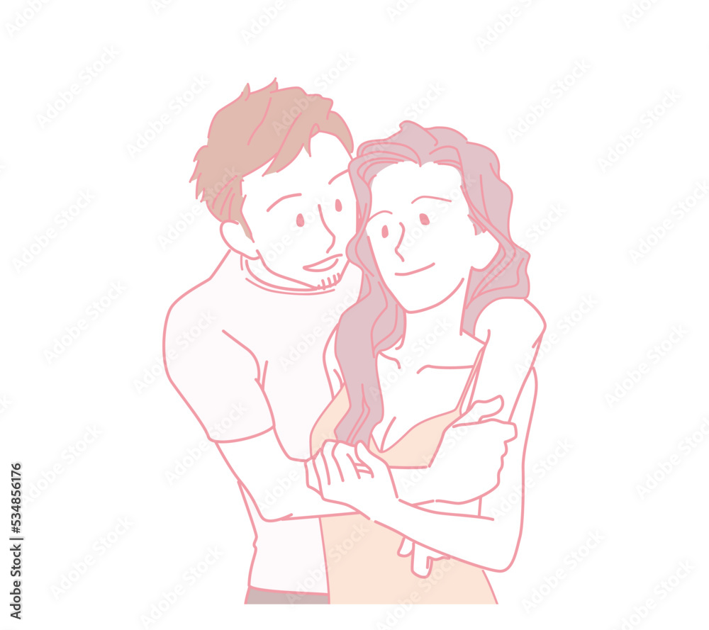 リラックスした雰囲気で寄り添う40代くらいの恋人 バックハグ 見つめ合う カップル 男女 リラックスした雰囲気で寄り添う40代くらいの恋人 バックハグ 見つめ合う カップル 男女