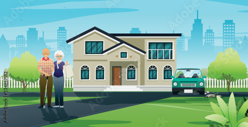 Older couples enjoy life with houses and cars.