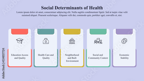 Social determinants of health infographic template with icons and text space.