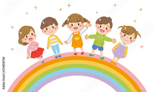 Children laughing on a rainbow