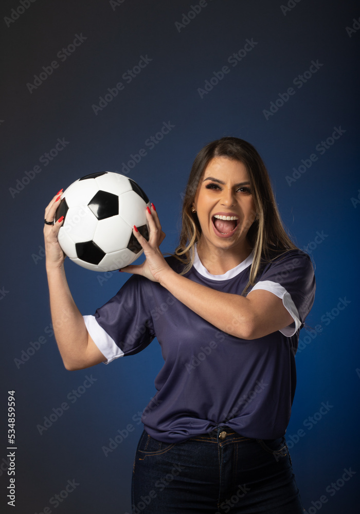woman soccer fan cheering for her favorite club and team. world cup blue background woman soccer fan cheering for her favorite club and team. world cup blue background