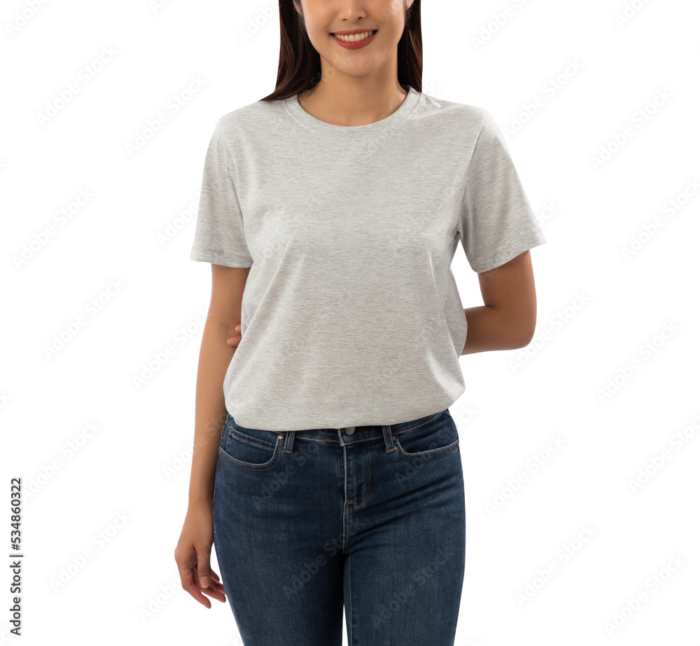 Young woman in grey T shirt mockup cutout, Png file. Young woman in grey T shirt mockup cutout, Png file.