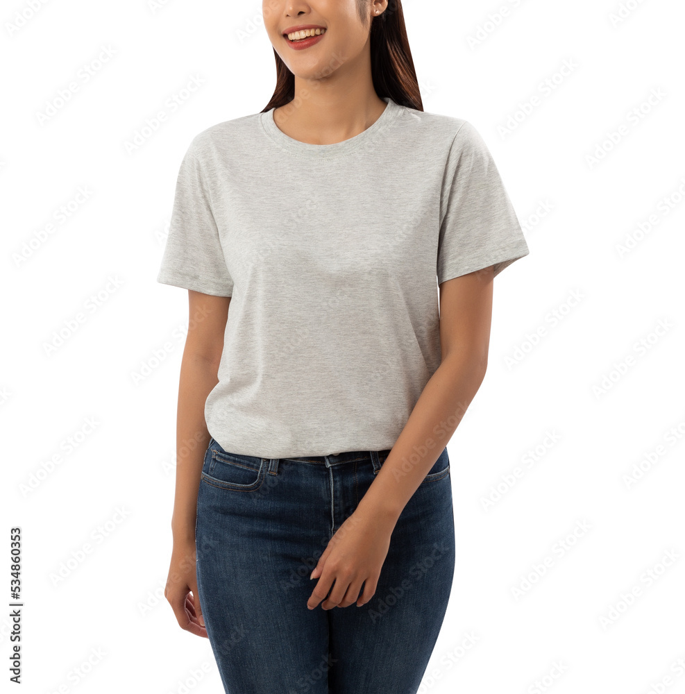 Obraz premium Young woman in grey T shirt mockup cutout, Png file.