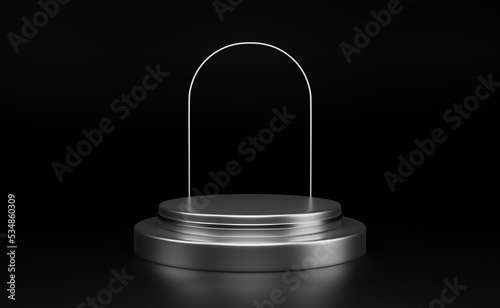 Abstract black 3D room with realistic silver steel cylinder pedestal podium set. Minimal scene for product display presentation. Illustration stage for showcase. 3d rendering.