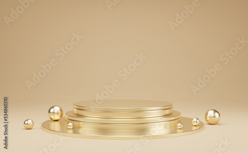 Abstract gold 3D room with realistic gold cylinder pedestal podium set. Minimal scene for product display presentation. Illustration stage for showcase. 3d rendering.