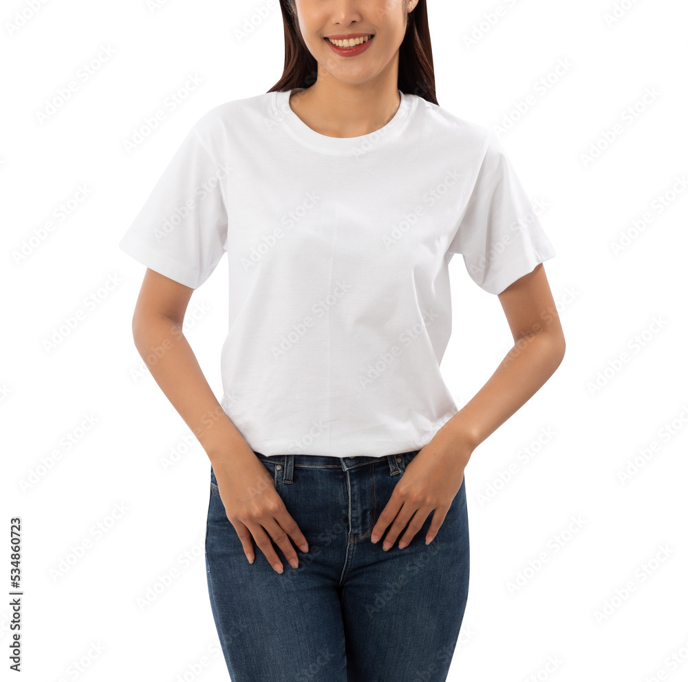 Young woman in white T shirt mockup cutout, Png file. Young woman in white T shirt mockup cutout, Png file.