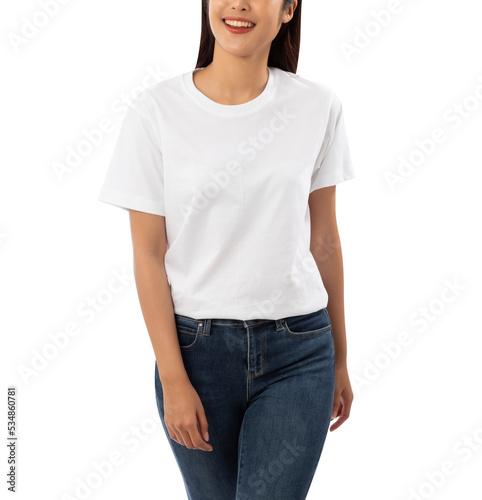 Young woman in white T shirt mockup cutout, Png file.