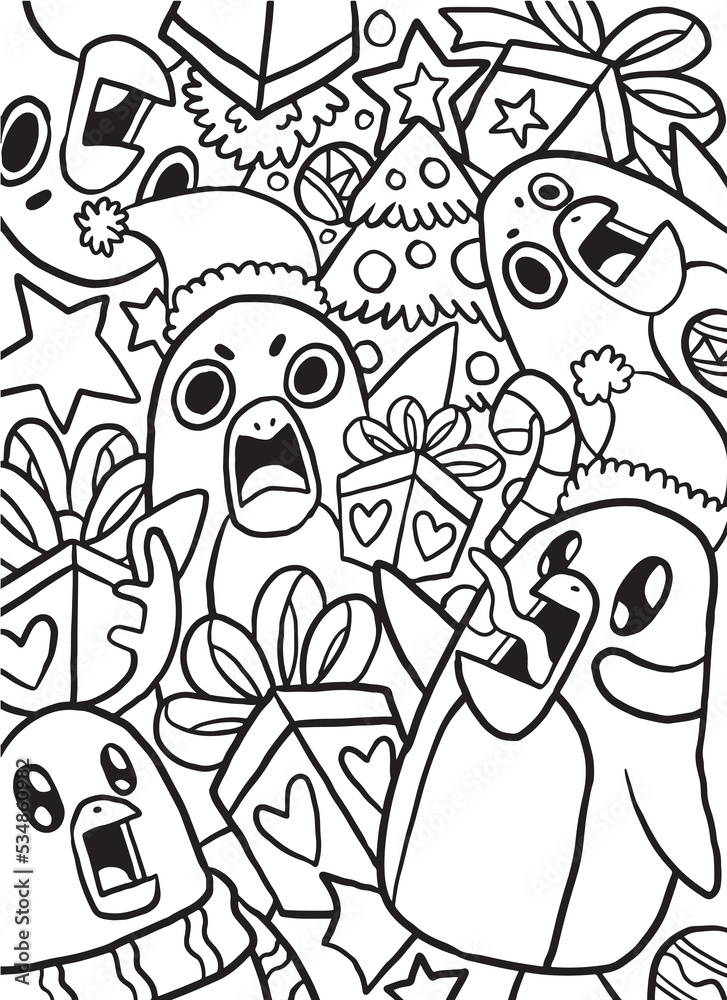 Penguin Christmas Doodle Coloring Page