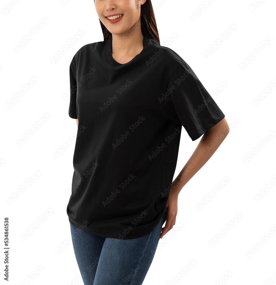 Young woman in black oversize T shirt mockup cutout, Png file. Young woman in black oversize T shirt mockup cutout, Png file.