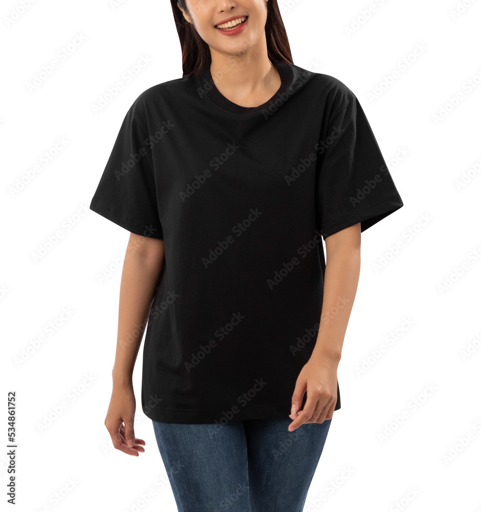 Obraz premium Young woman in black oversize T shirt mockup cutout, Png file.