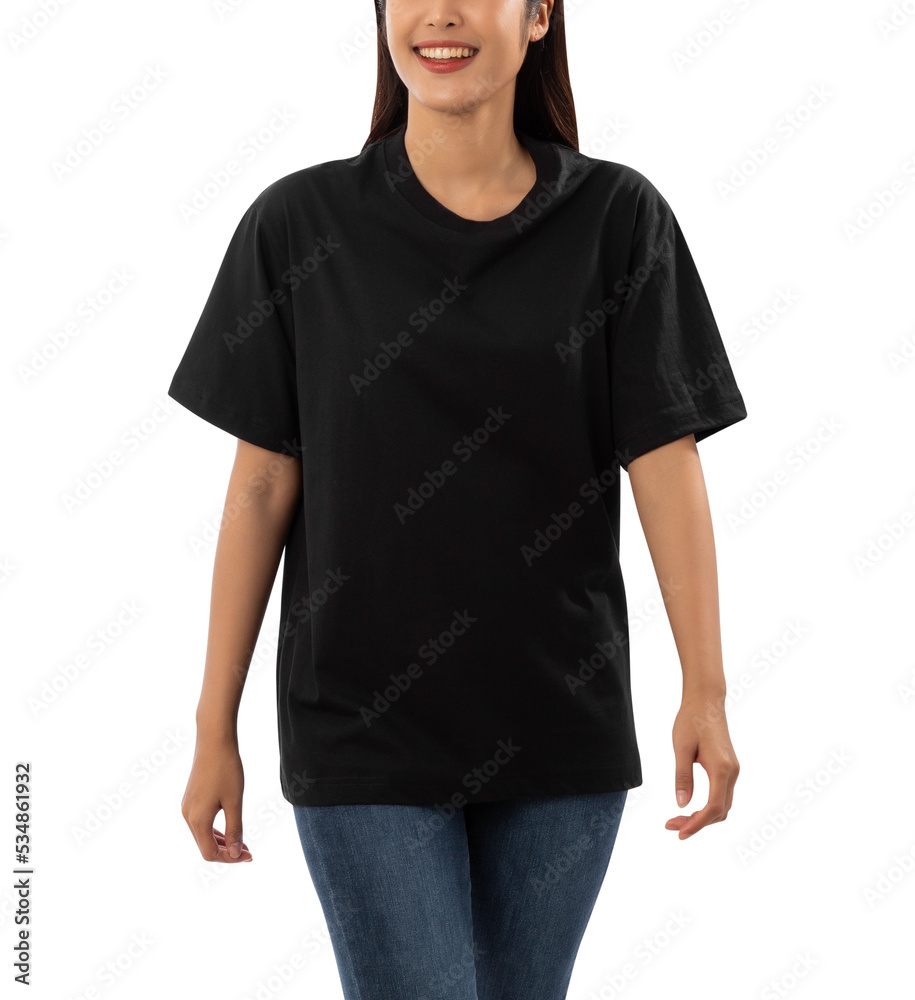 Obraz premium Young woman in black oversize T shirt mockup cutout, Png file.
