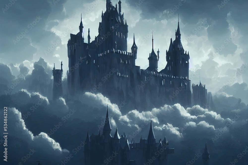 Digital painting of a fantasy castle in the clouds in a low key color scheme and gothic architecture fantasy illustration