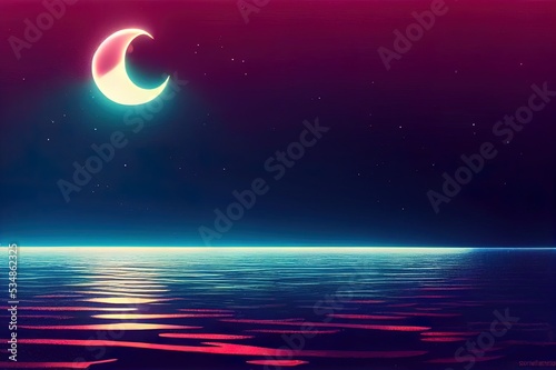 Abstract futuristic night seascape fantasy with moon and light reflection in water. Dark natural empty stage, neon light, background. 3D illustration.