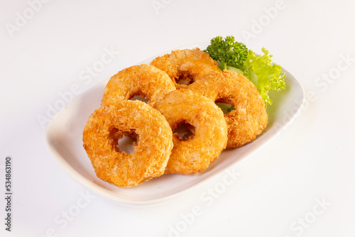 Deep fried shrimp cake on a white background, Thai food