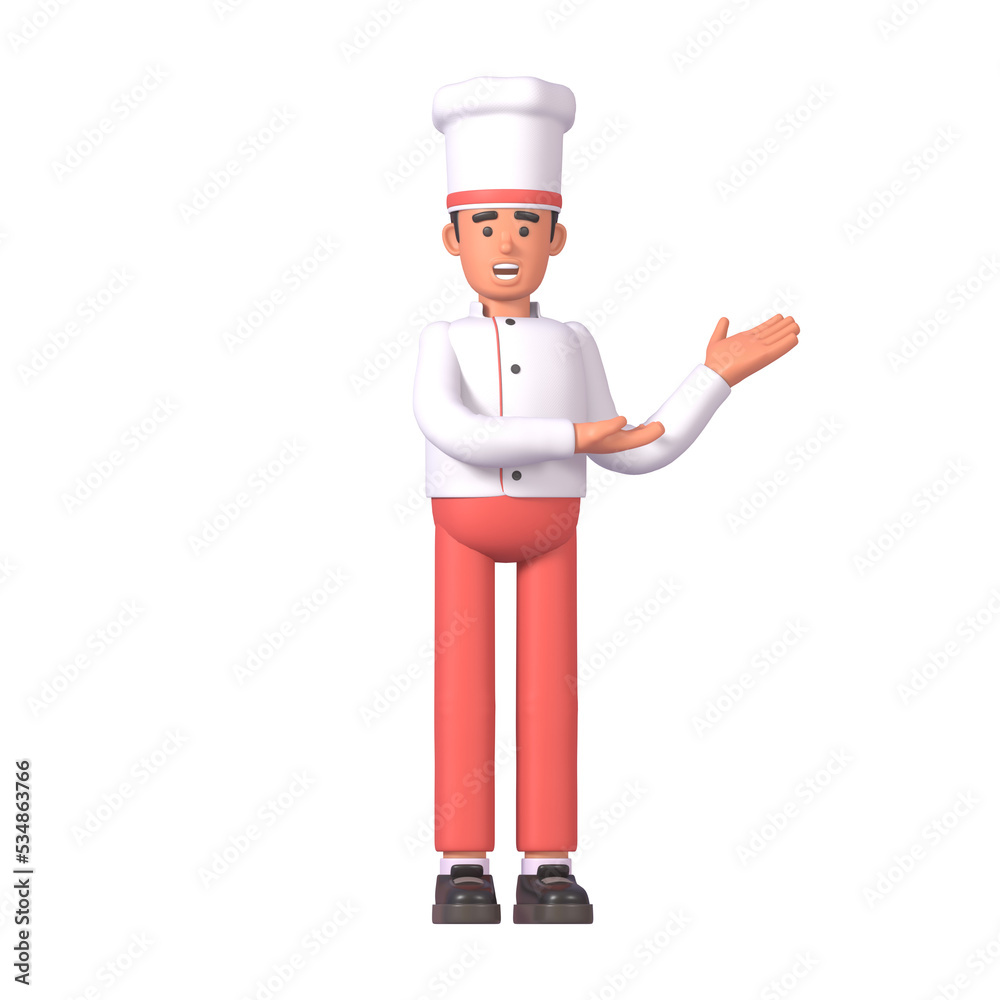 3d render of cheerful cook in white uniform pointing to side, advertise, promote 3d render of cheerful cook in white uniform pointing to side, advertise, promote