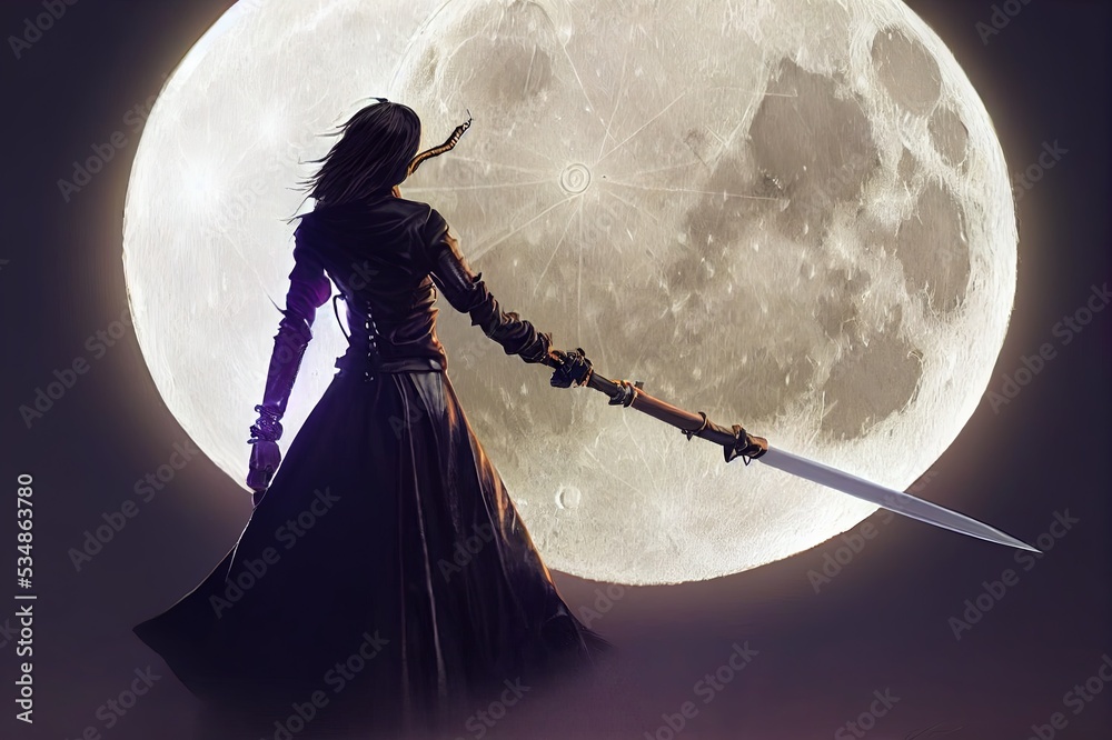 A beautiful vampire hunter girl in a leather suit with a long magic