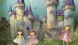 Fairy tale castle background with princess castle with towers and gates in a beautiful landscape forest for an enchanted fairytale, storybook cover illustration