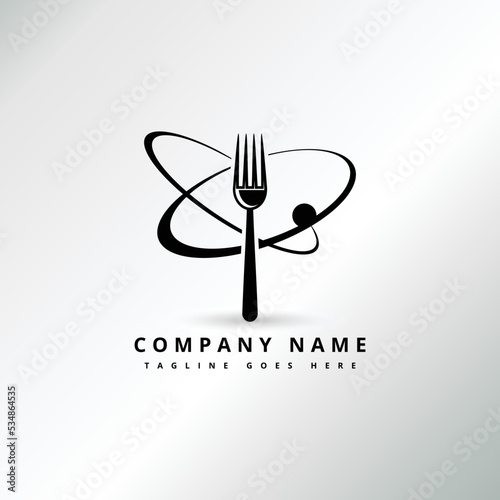 unique food planet logo design vector illustration. consisting of a plate, fork and knife icon as the planet. restaurant, Cafe, food and drink symbol icon