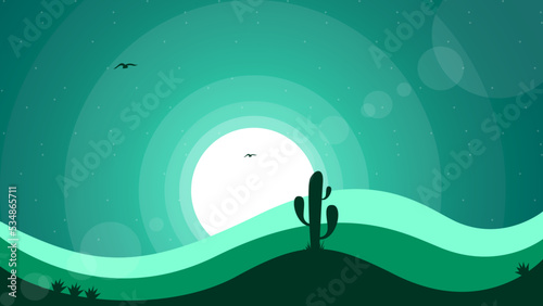 Desert Concept For desktop Walpaper. desert nature background. desert with cactus. Cartoon desert landscape. 4k desktop walpaper. night background.
