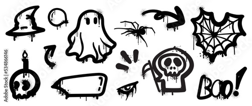 Set of graffiti spray pattern. Collection of halloween symbols, speech bubble, arrow, ghost, spider web, skull with spray texture. Elements on white background for, decoration, street art, halloween.