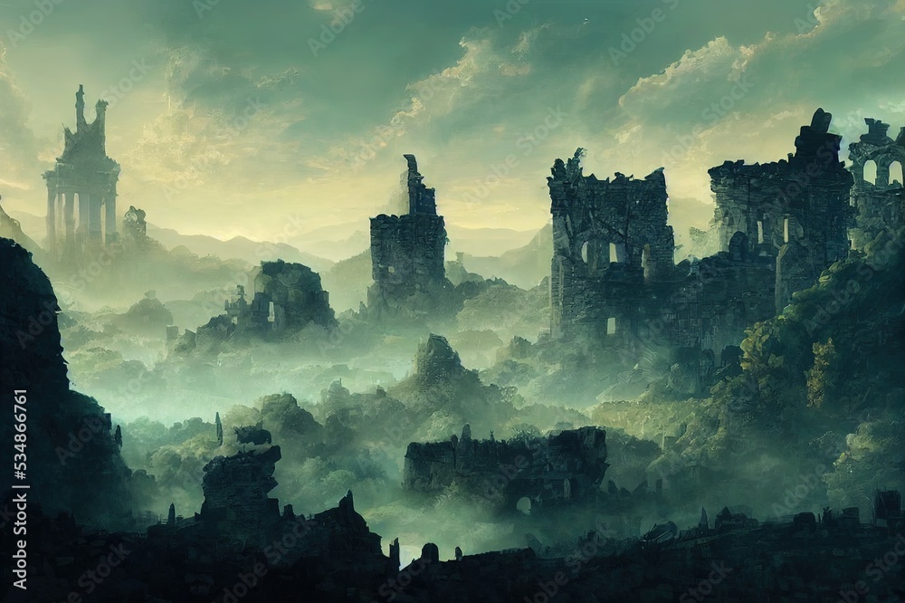 digital illustration of fantasy medieval environment landscape concept background in ancient ruin city floating in sky