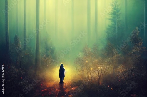 Beautiful forest at night with a sweet bear and other cute animals. Fantasy fairy tale feel. Fantasy misty landscape with a soft feeling with light magical effects. Perfect for a backdrop, background