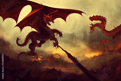 The heroic warrior bravely faced the dragon, digital painting. © 2rogan