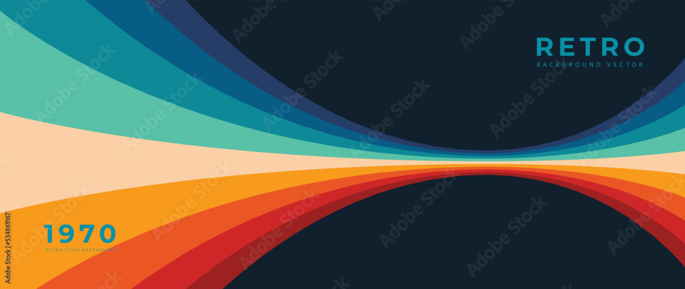 Abstract colorful 70s background vector. Vintage retro style wallpaper with lines, rainbow wavy stripes. 1970 color illustration design suitable for poster, banner, decorative, wall art.