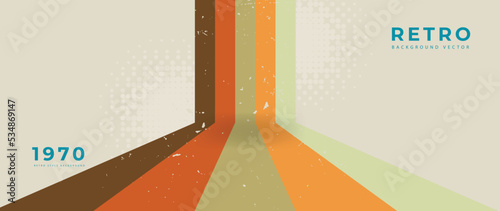 Abstract earth tone 70s background vector. Vintage retro style wallpaper with lines, color stripes, grunge texture. 1970 color illustration design suitable for poster, banner, decorative, wall art.