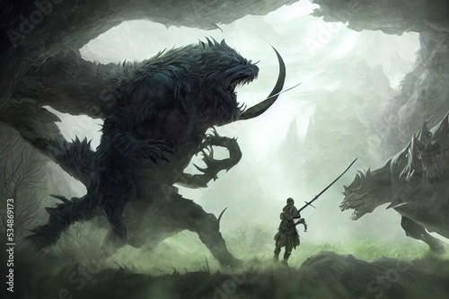 2d digital illustration environment design concept of fantasy fictional adventure traveler warrior solider fighting with evil giant aggressive warg creature monster in deep forest battle field