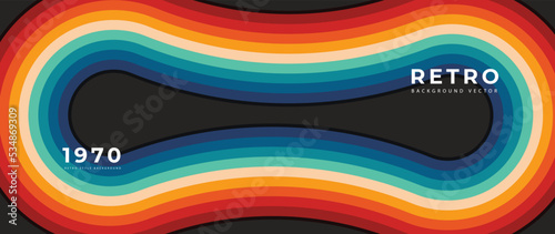 Abstract colorful 70s background vector. Vintage retro style wallpaper with rainbow stripes, curved lines, grunge, oval. 1970 color illustration design for poster, banner, decorative, wall art.