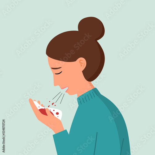 Woman with coughing blood in flat design. Bleeding cough concept vector illustration.