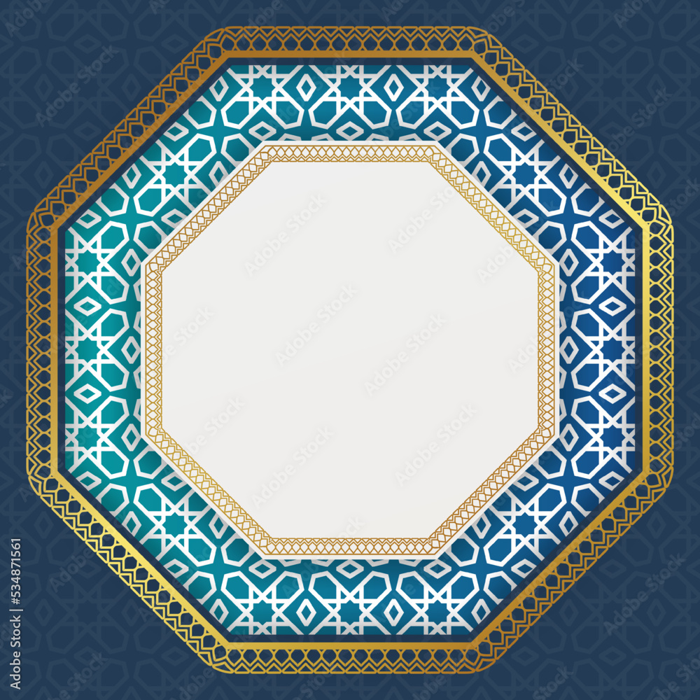 Obraz premium Arabic islamic elegant blue and golden luxury ornamental background with arabic border pattern.